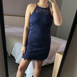 Lilly Pulitzer Pearl Laser Cut Scuba Ponte Shift Dress in True Navy